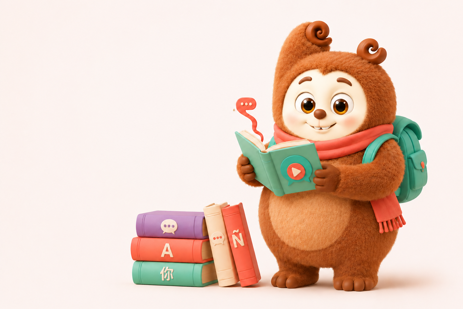 BombonHub language-learning mascot reading a book
